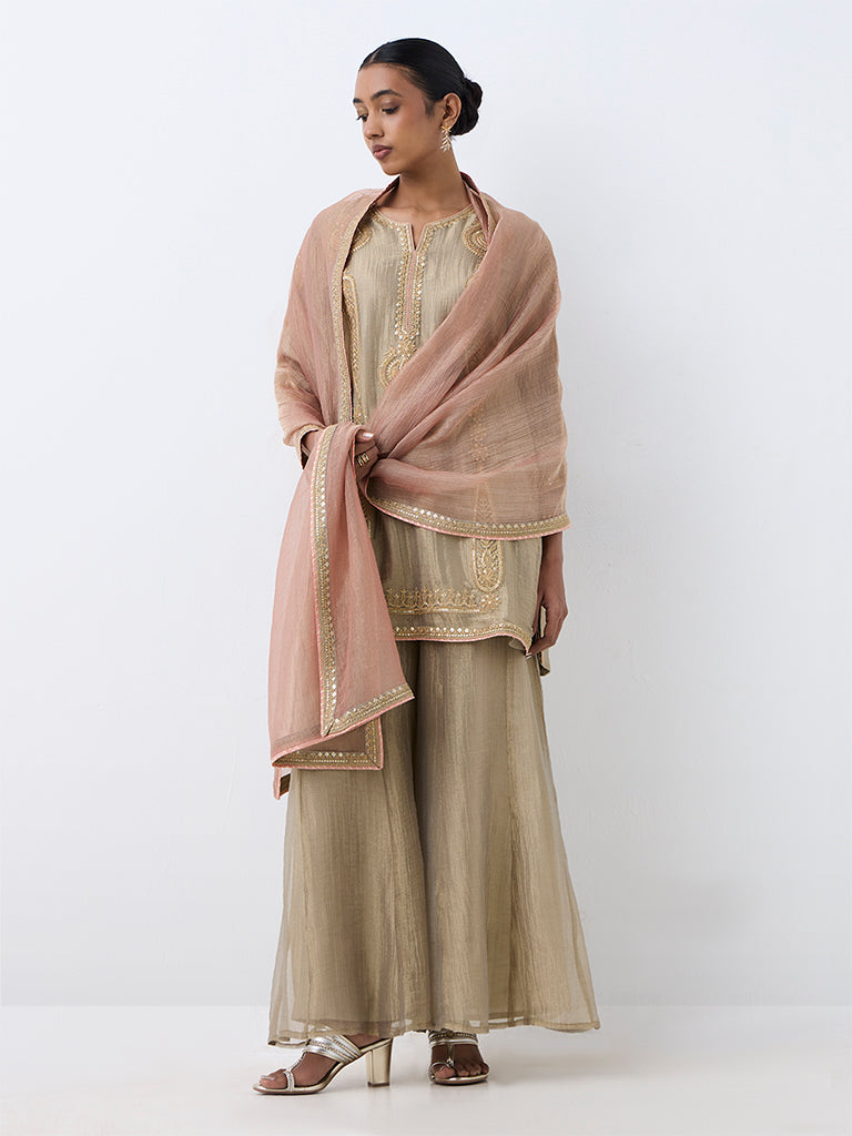 Taupe Paisley Embroidered Short Kurta And Flared Palazzos Set — photo 2