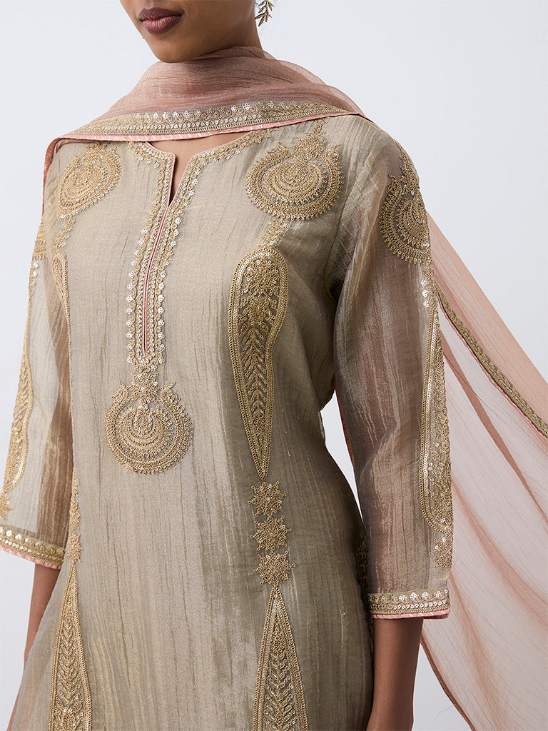 Taupe Paisley Embroidered Short Kurta And Flared Palazzos Set — photo 3