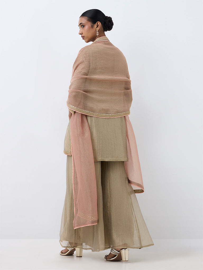 Taupe Paisley Embroidered Short Kurta And Flared Palazzos Set — photo 4