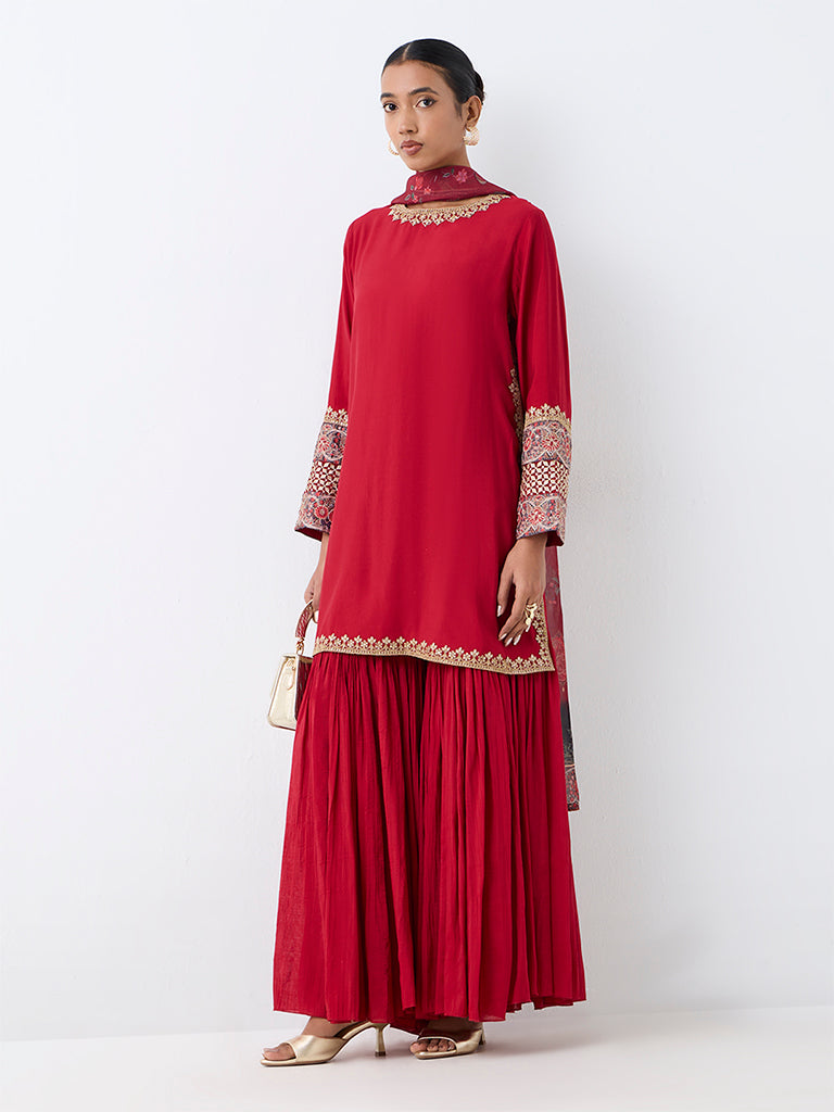 Red Floral Embroidered A-Line Kurta And Sharara Ethnic Set — photo 2