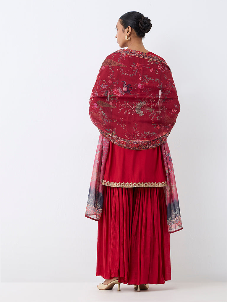 Red Floral Embroidered A-Line Kurta And Sharara Ethnic Set — photo 4