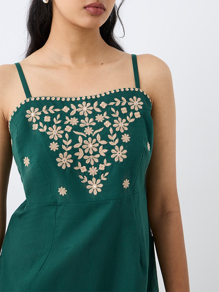 Utsa Dark Green Floral Embroidered Cotton Tunic — photo 3