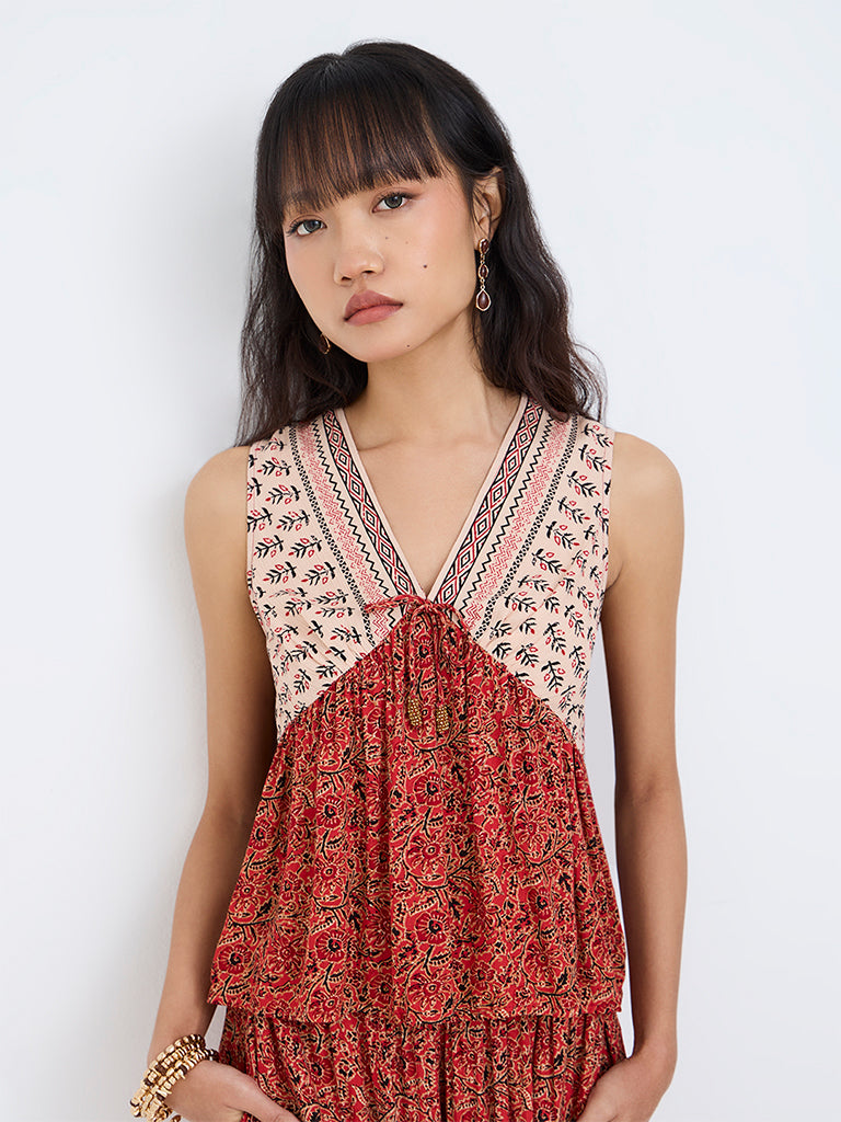 Bombay Paisley Red Printed Cotton-Blend Tie-Up Detail Top — photo 1
