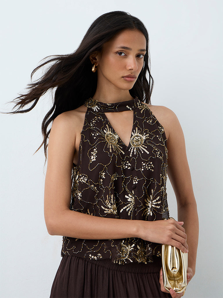 LOV Dark Brown Sequin Embellished Top — photo 1