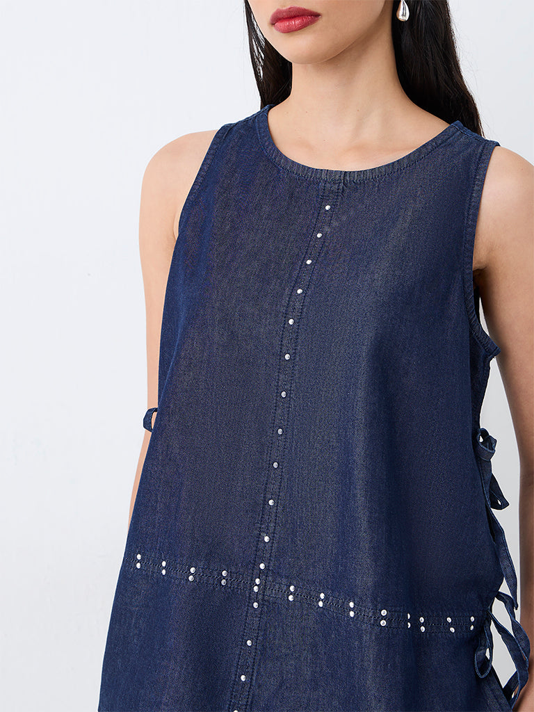 LOV Dark Blue Studded Tie-Up Detail Denim Top — photo 3