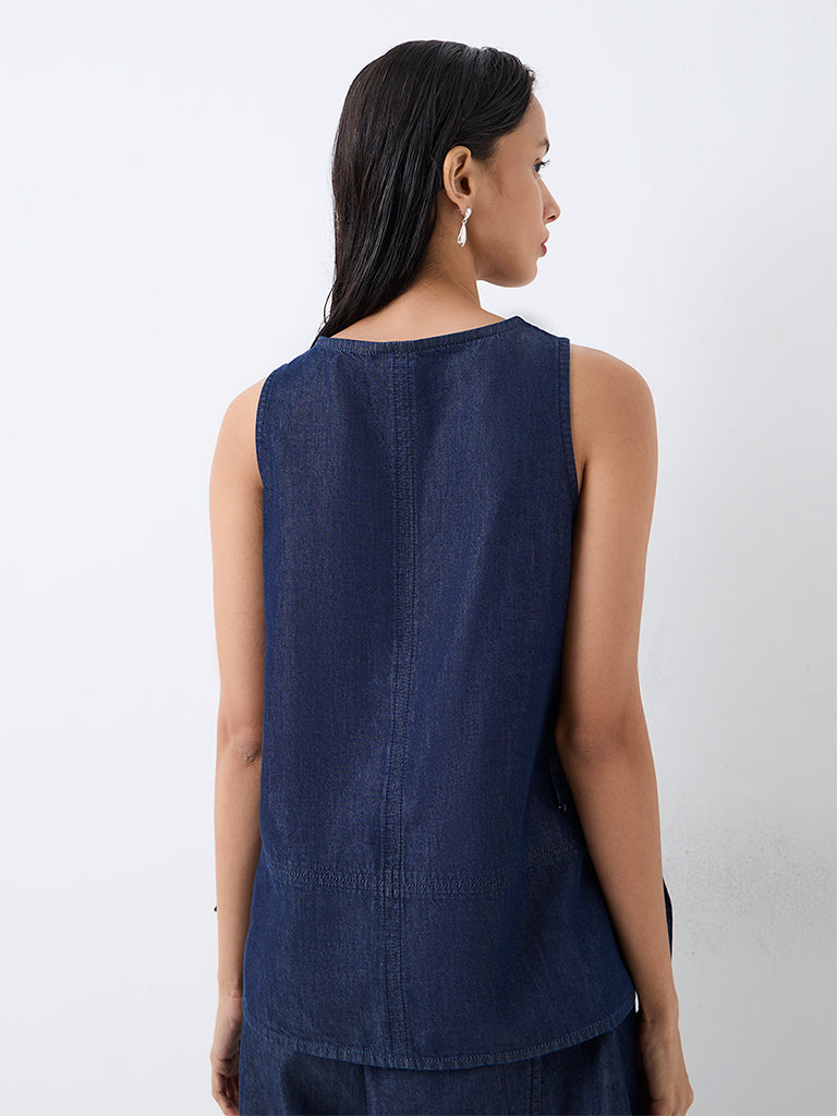LOV Dark Blue Studded Tie-Up Detail Denim Top — photo 4