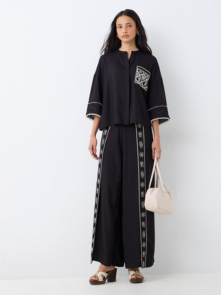 LOV Black Embroidered Tie-Up Detail High-Rise Pants — photo 1