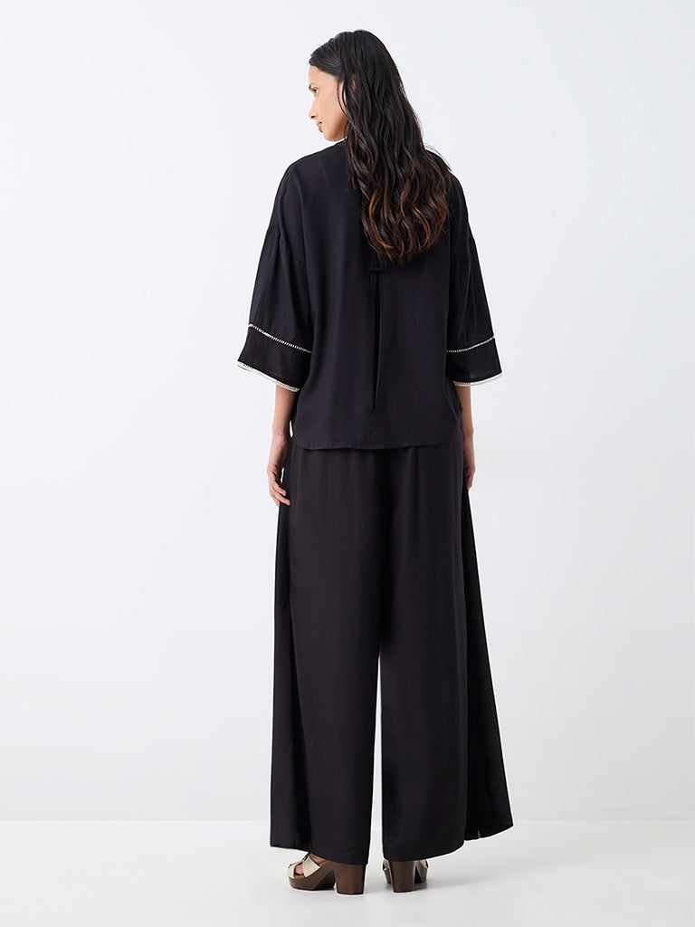 LOV Black Embroidered Tie-Up Detail High-Rise Pants — photo 4