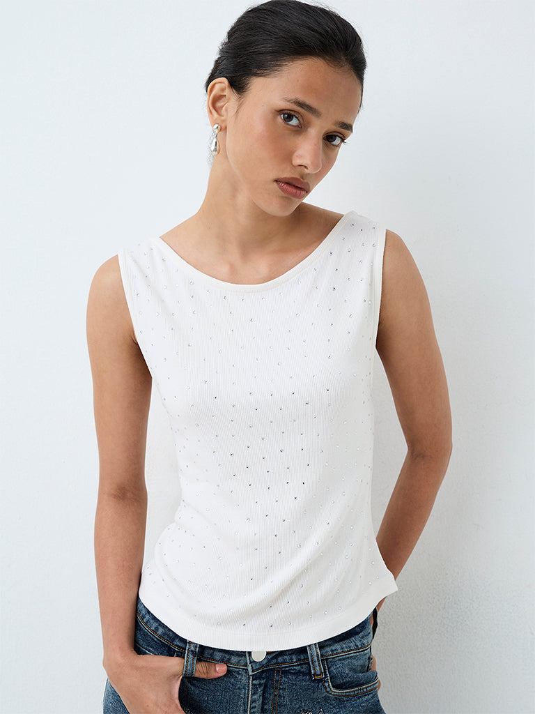 LOV White Embellished Ribbed Cotton-Blend Top — photo 2