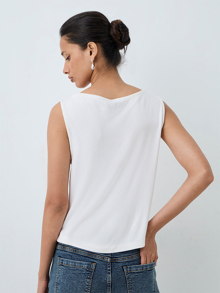 LOV White Embellished Ribbed Cotton-Blend Top — photo 4
