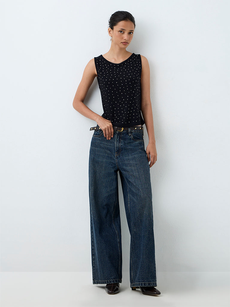 LOV Black Embellished Ribbed Cotton-Blend Top — photo 1