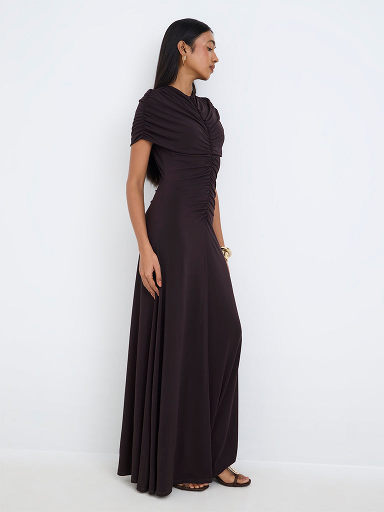Wardrobe Dark Brown Ruched Maxi Dress — photo 2