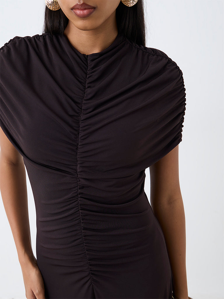 Wardrobe Dark Brown Ruched Maxi Dress — photo 3