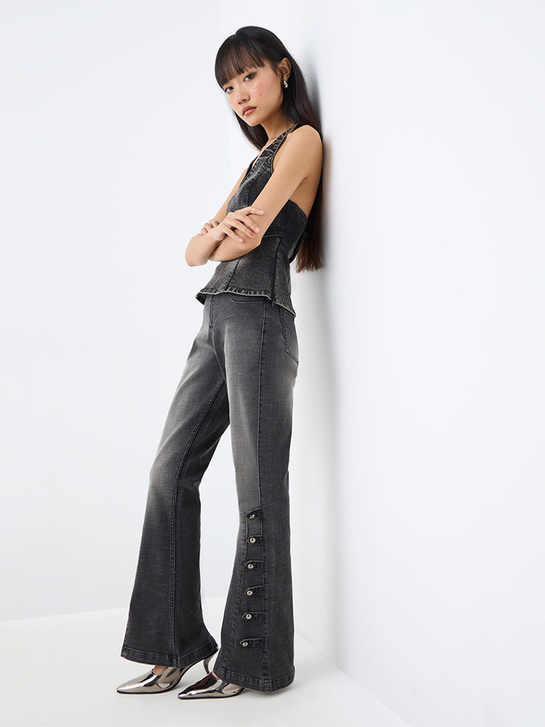 Nuon Charcoal Wash High-Waist Bootcut Jeans with Button-Detailing — photo 1