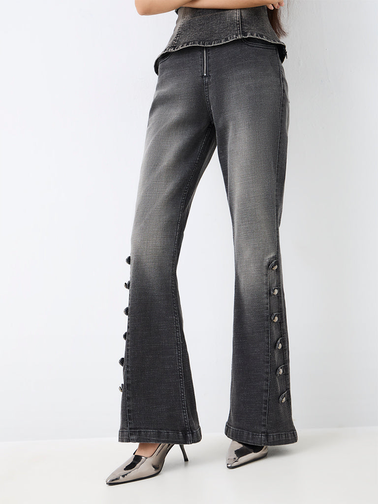 Nuon Charcoal Wash High-Waist Bootcut Jeans with Button-Detailing — photo 2