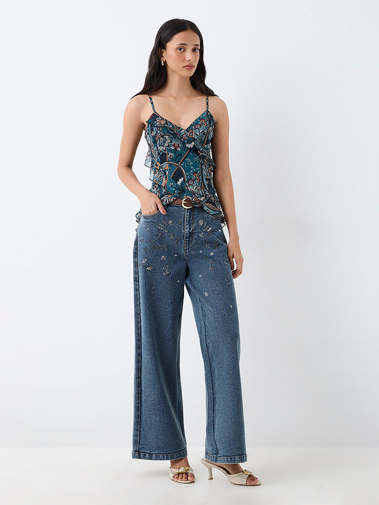LOV Dark Teal Floral Printed Ruffled Top — photo 2