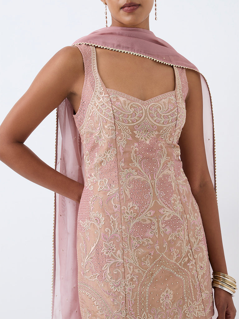 Dusty Pink Floral Embroidered Short Kurta And Flared Palazzos Set — photo 3