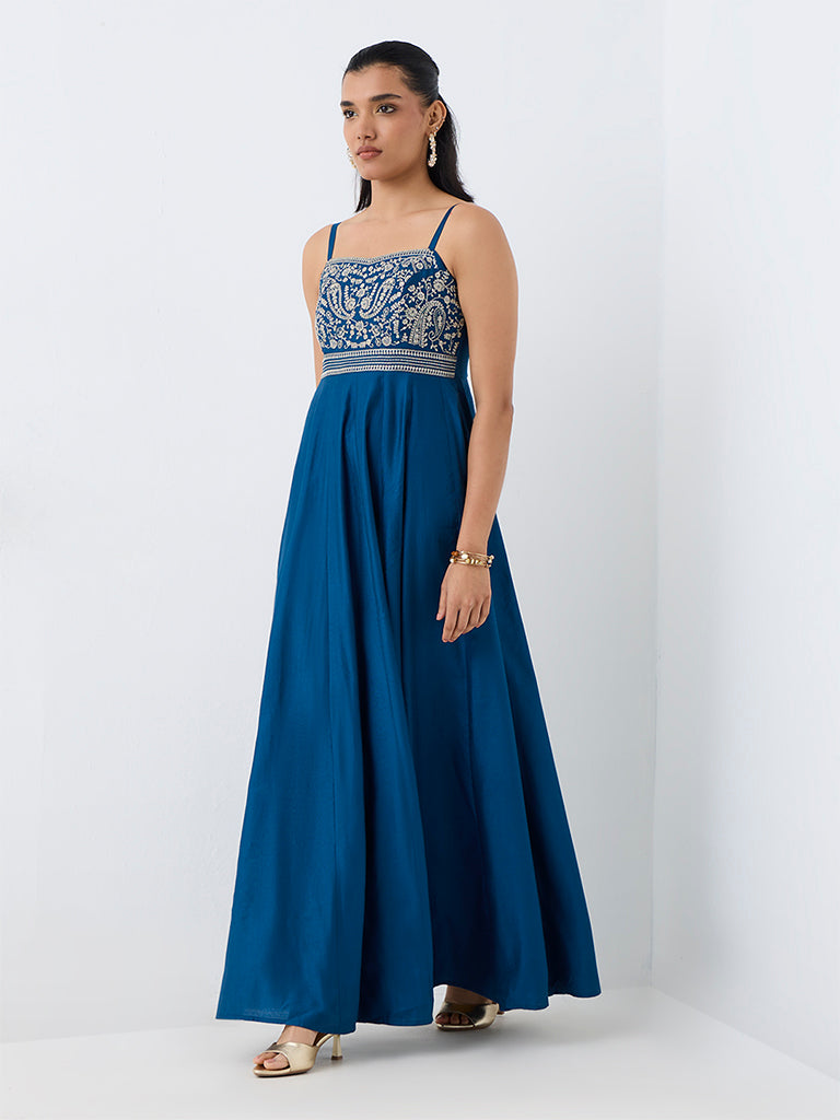 Navy Floral Embroidered Fit-and-Flare Dress — photo 2