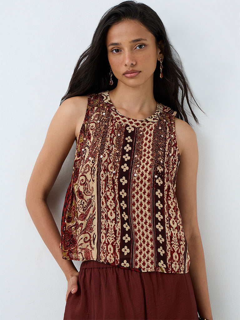 LOV Brown Printed Top — photo 1
