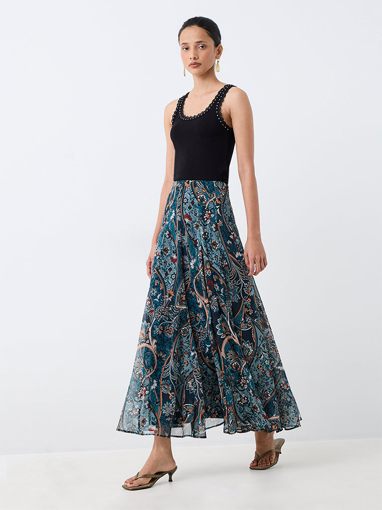 LOV Dark Teal Floral Printed High-Rise Skirt — photo 1