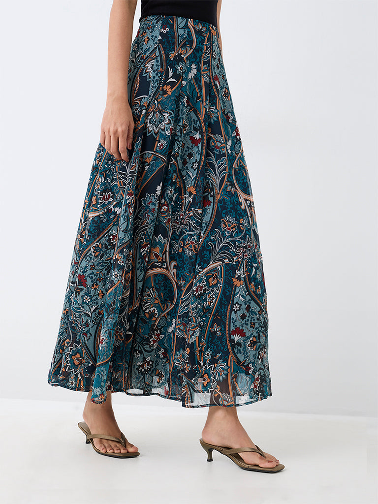 LOV Dark Teal Floral Printed High-Rise Skirt — photo 2