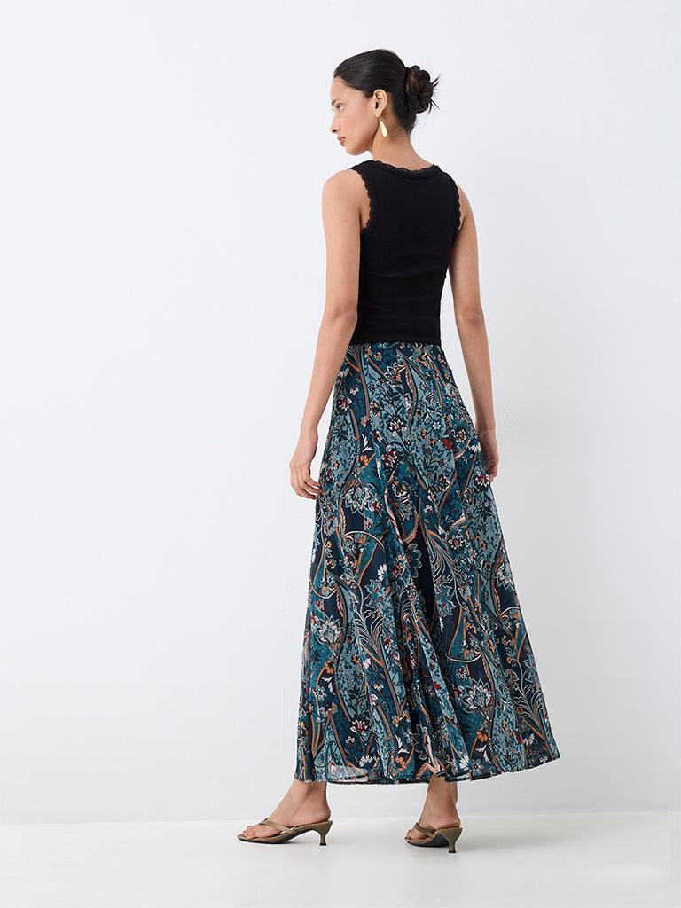 LOV Dark Teal Floral Printed High-Rise Skirt — photo 4