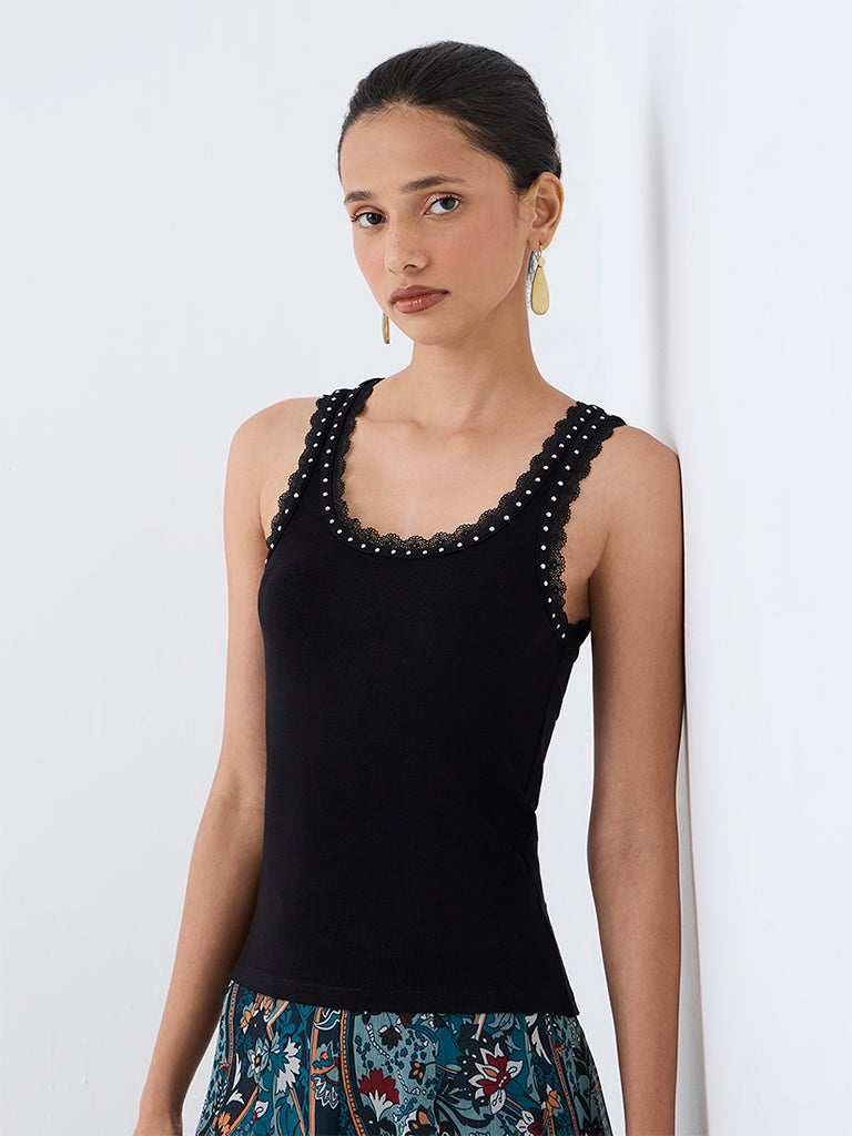 LOV Black Lace-Detail Ribbed Top — photo 1