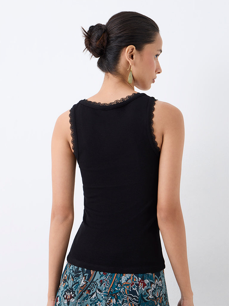 LOV Black Lace-Detail Ribbed Top — photo 4