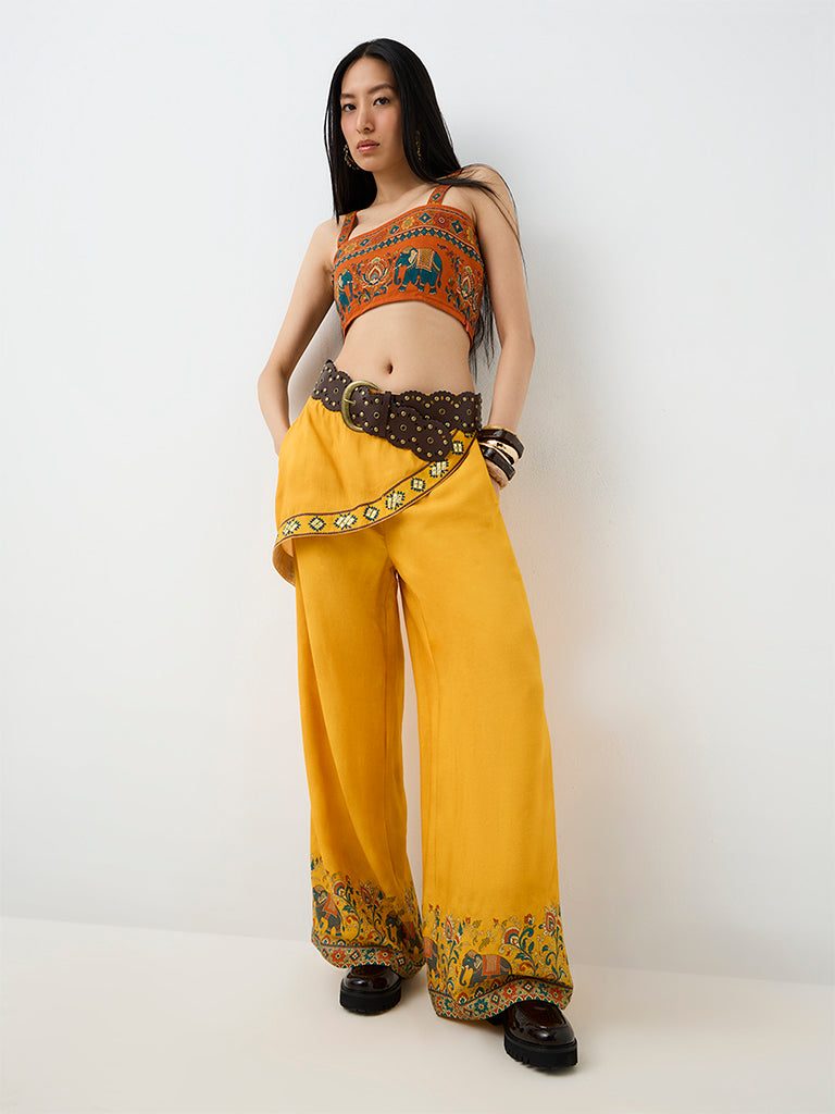 Bombay Paisley Mustard Wrap-Front High-Rise Pants — photo 1