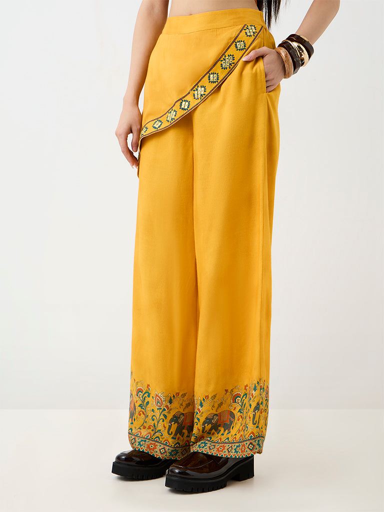 Bombay Paisley Mustard Wrap-Front High-Rise Pants — photo 2