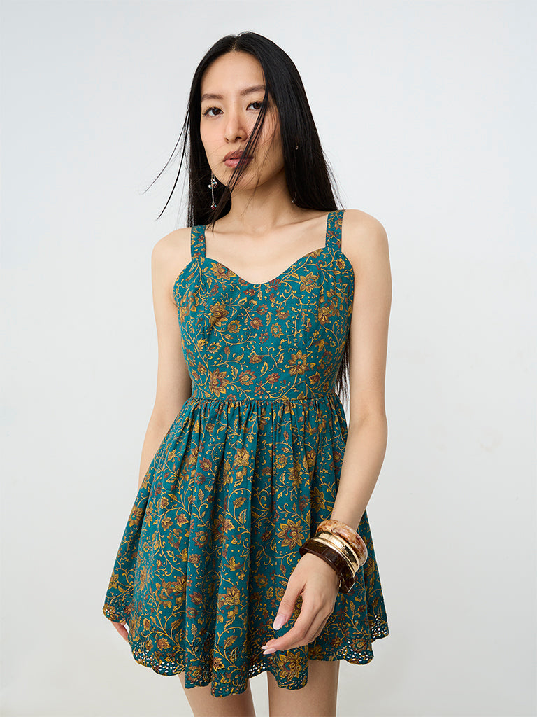 Bombay Paisley Teal Floral Printed Cotton Fit-and-Flare Dress — photo 1