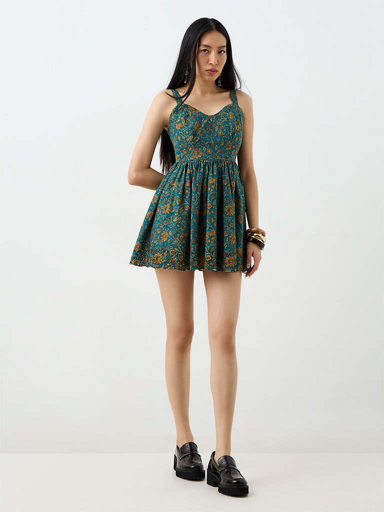 Bombay Paisley Teal Floral Printed Cotton Fit-and-Flare Dress — photo 2