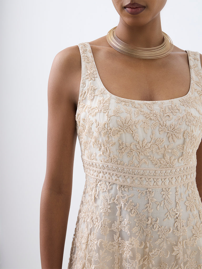 Ivory Floral Embroidered Mesh Empire A-Line Dress — photo 3