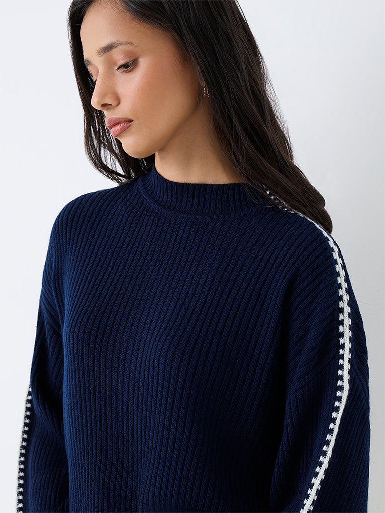 LOV Navy Contrast-Detail Ribbed-Knit Sweater — photo 3