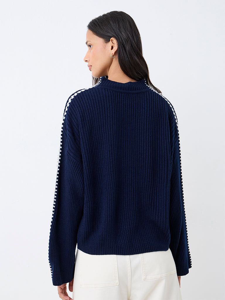 LOV Navy Contrast-Detail Ribbed-Knit Sweater — photo 4