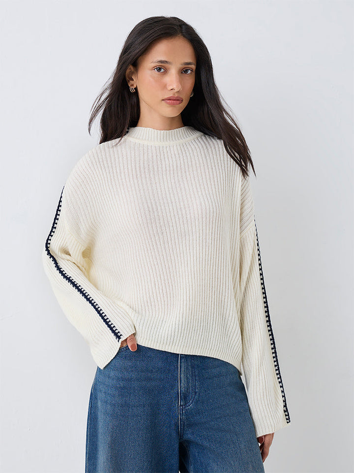 LOV Off-White Contrast-Detail Ribbed-Knit Sweater