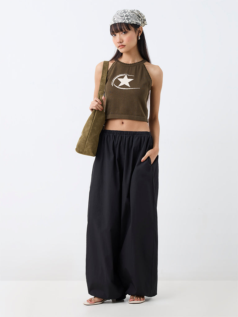 Nuon Dark Olive Star Printed Knitted Cotton Top — photo 2