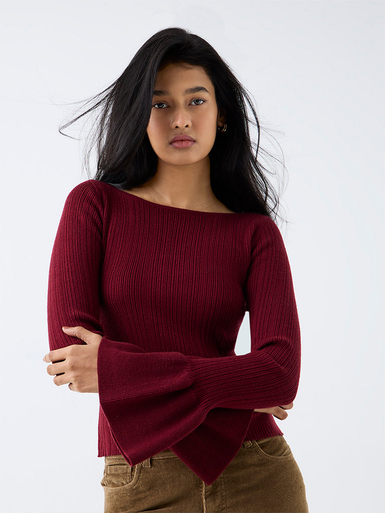 LOV Maroon Ribbed-Textured Top — photo 1
