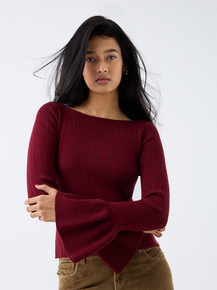 LOV Maroon Ribbed-Textured Top
