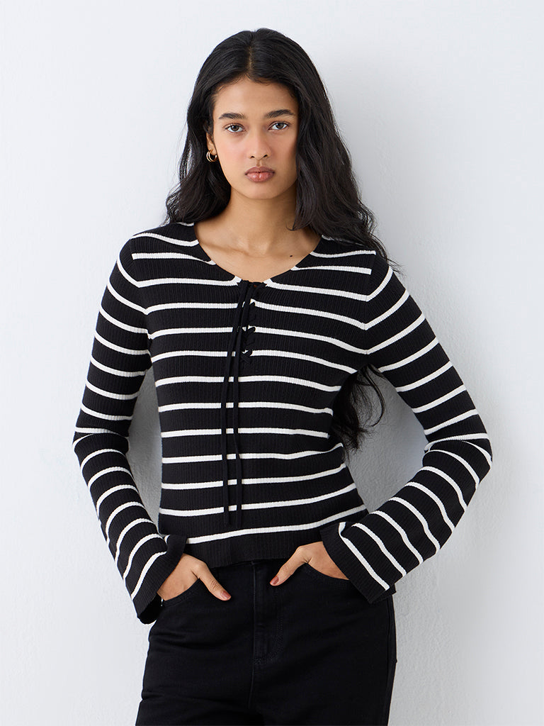 LOV Black Striped Ribbed-Textured Top — photo 1