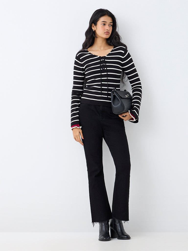 LOV Black Striped Ribbed-Textured Top — photo 2