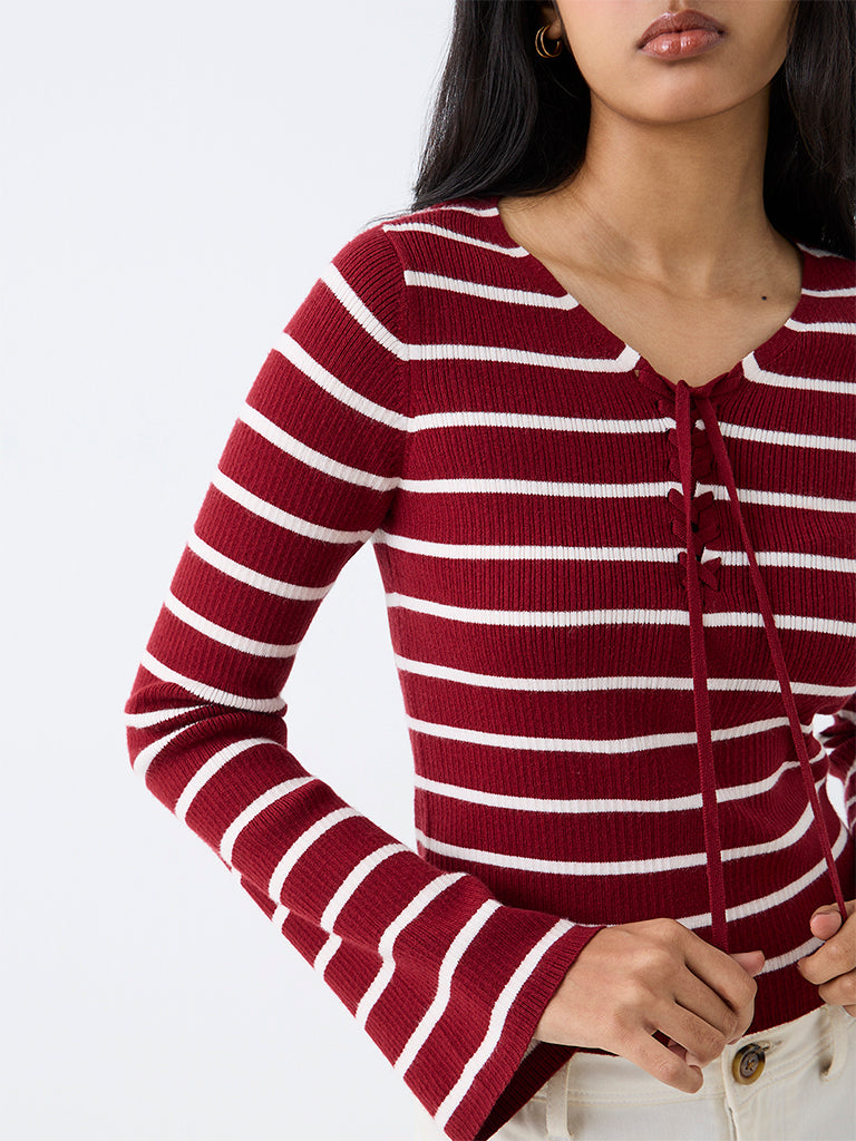 LOV Red Striped Ribbed-Textured Top — photo 3