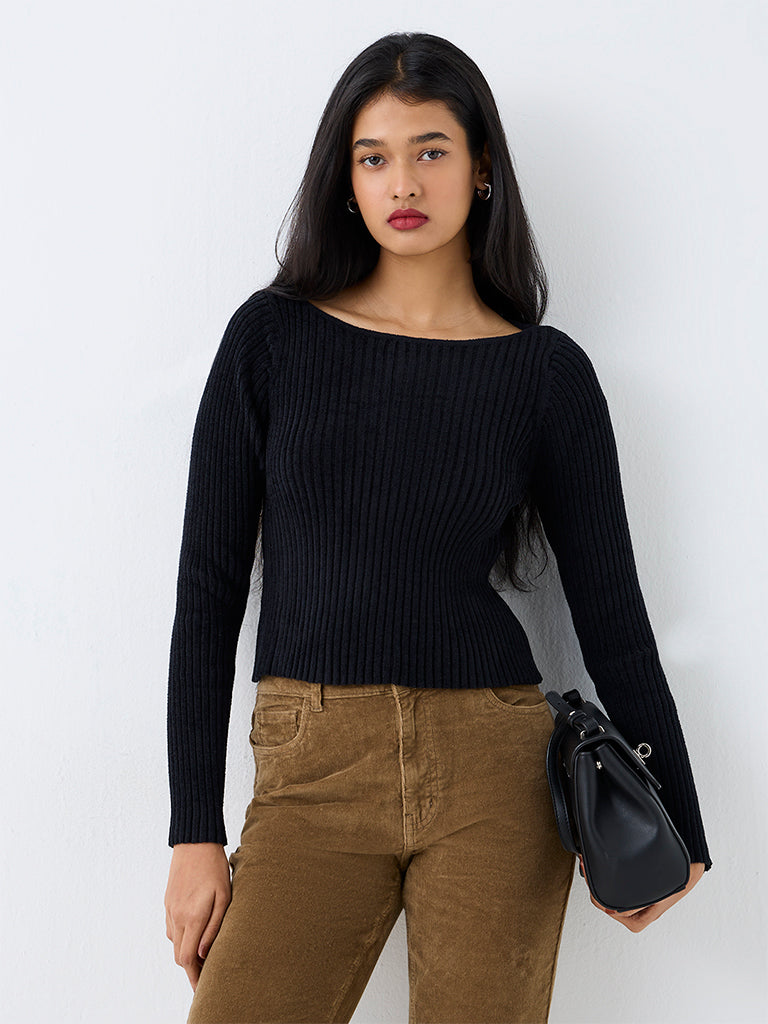 LOV Black Ribbed-Textured Top — photo 1