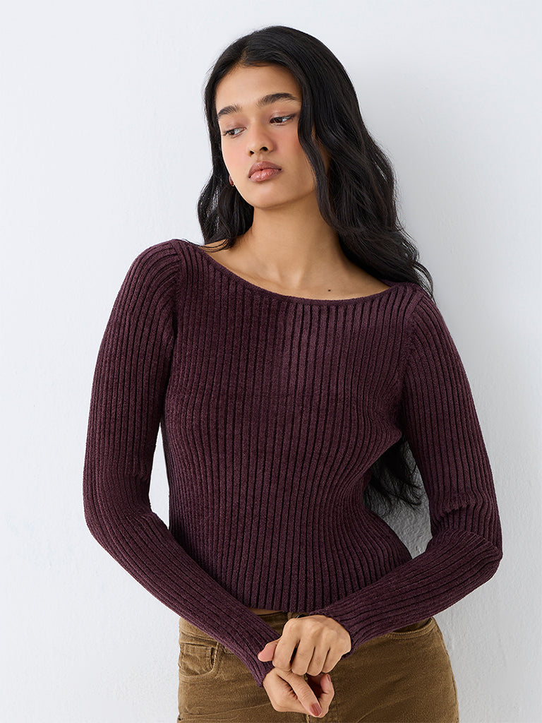 LOV Dark Plum Ribbed-Textured Top — photo 1