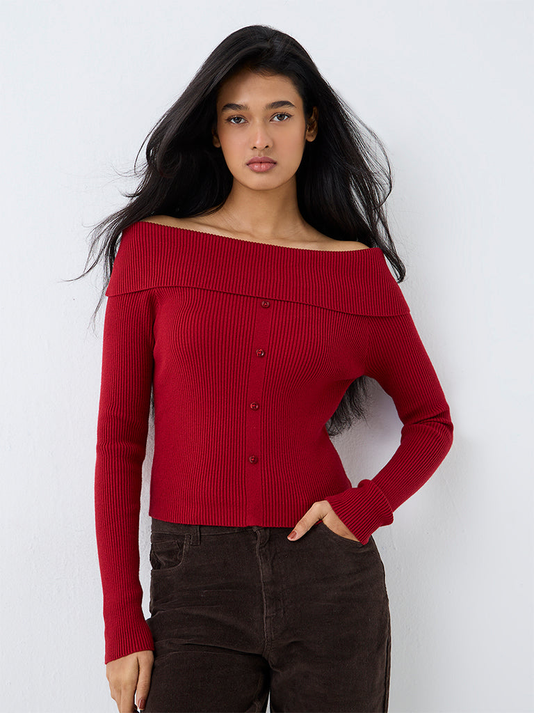 LOV Red Ribbed-Textured Off-Shoulder Top — photo 1