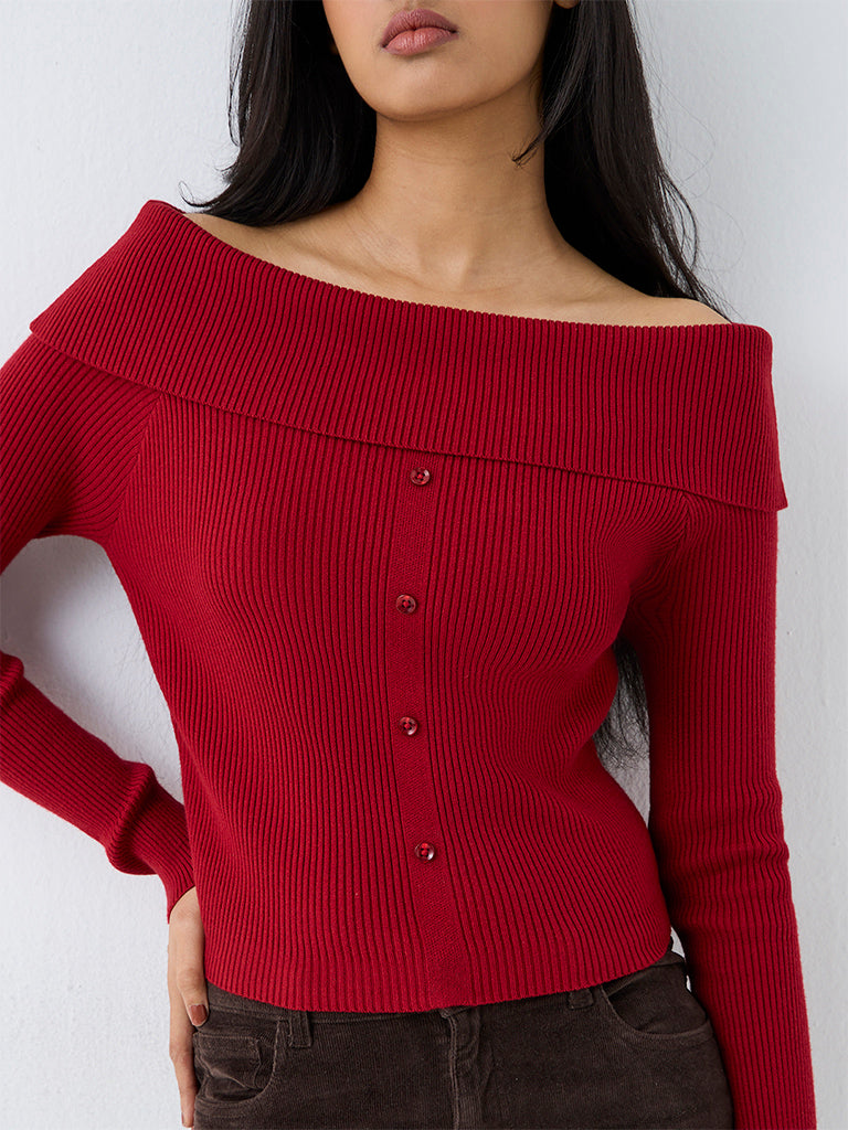 LOV Red Ribbed-Textured Off-Shoulder Top — photo 3