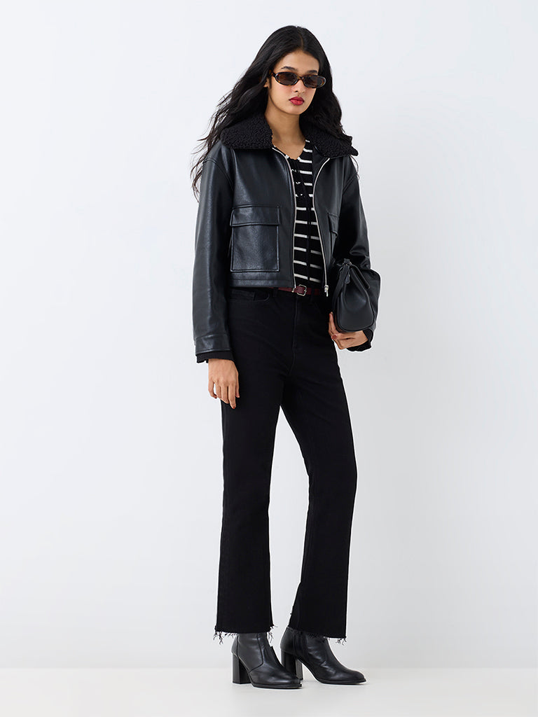 LOV Black Borg-Collar Faux Leather Cotton Jacket — photo 2