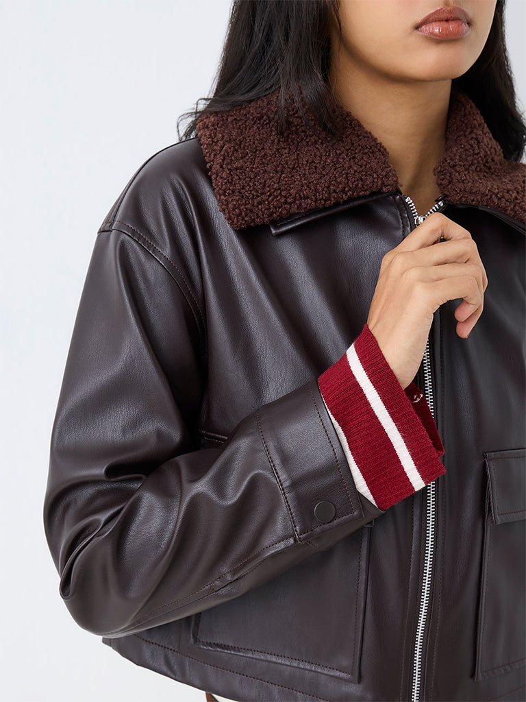 LOV Dark Brown Borg-Collar Faux Leather Linen-Blend Jacket — photo 3