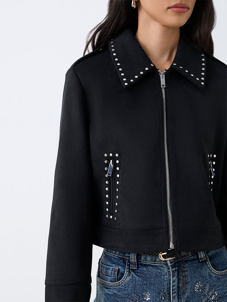 LOV Black Stud-Detail Suede Jacket — photo 3