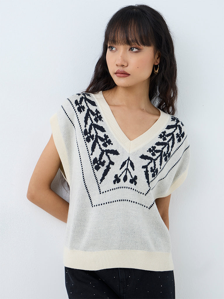 Bombay Paisley Off-White Floral Embroidered Knitted Top — photo 1